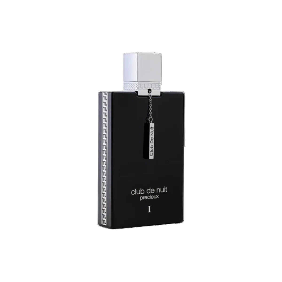 Black perfume bottle with silver cap labeled 'club de nuit' on a white background