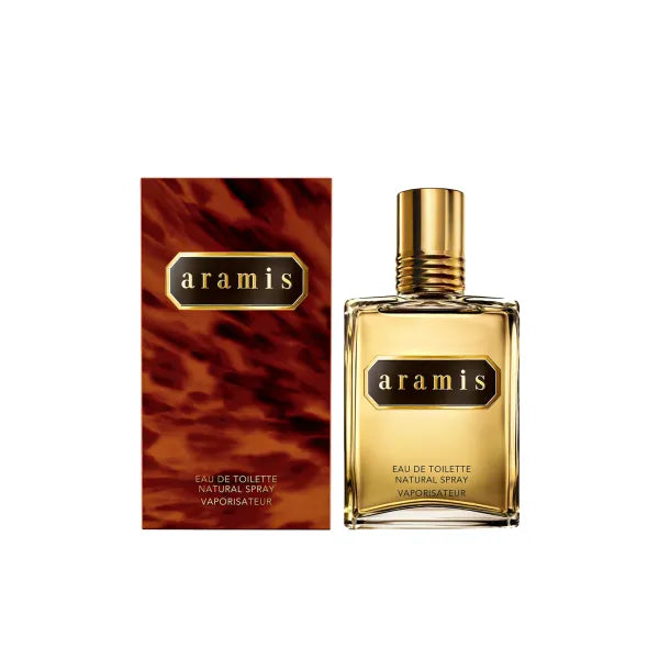 Aramis Eau de Toilette for men in a vintage-inspired rectangular amber bottle.