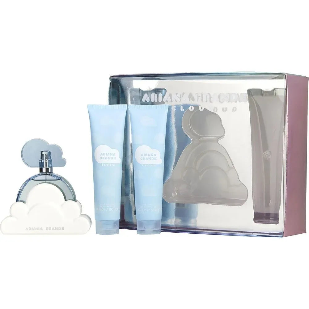 Ariana Grande Cloud 3-piece gift set with Eau de Parfum, body soufflé, and bath & shower gel.