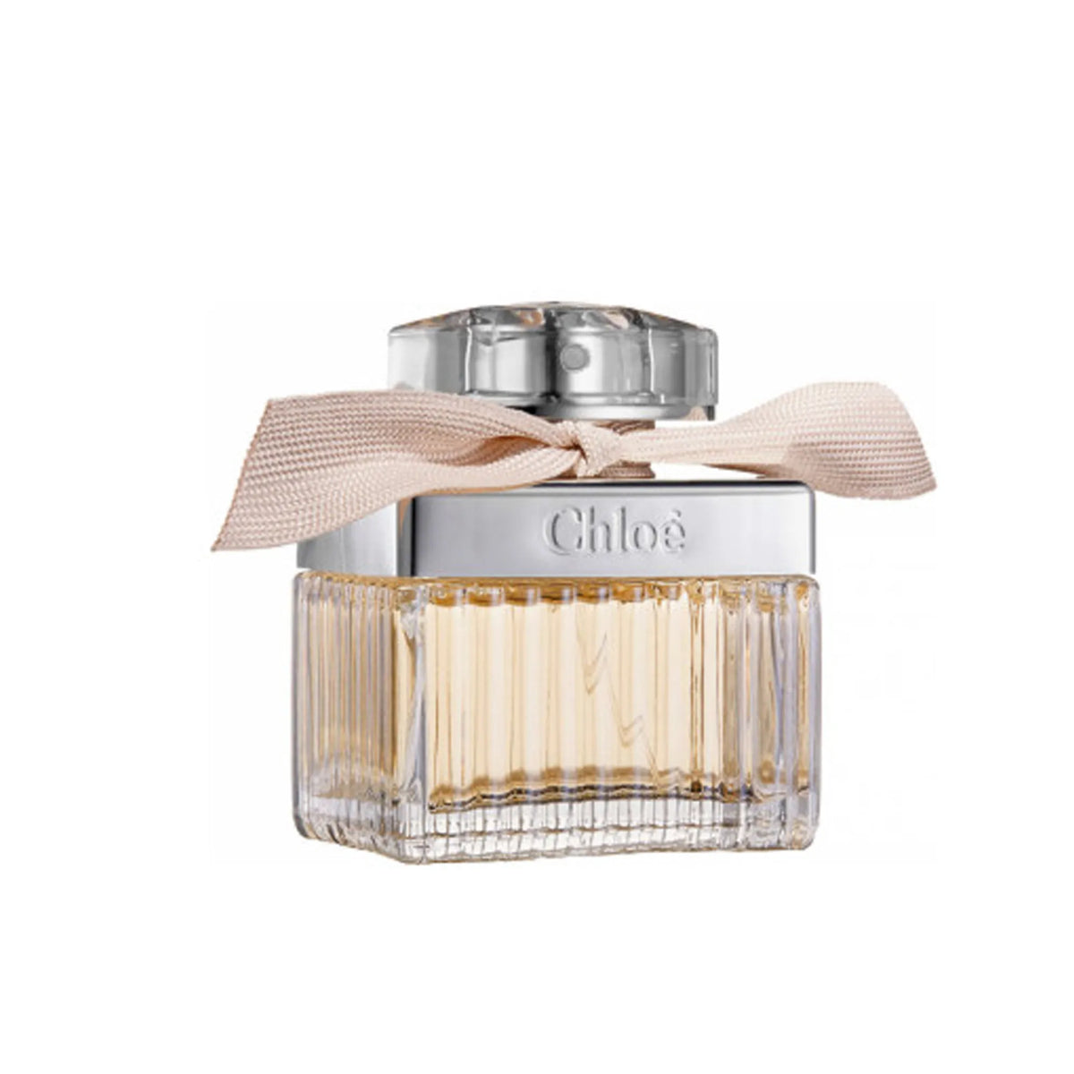 Chloé Eau de Parfum elegant rounded bottle tied with ribbon, refined floral-woody scent.