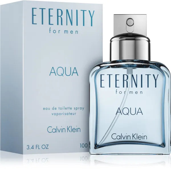 Calvin Klein Eternity Aqua for Men in a cool blue design, evoking a refreshing marine fragrance.