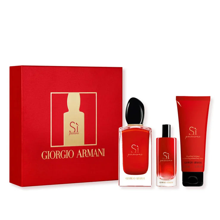 Giorgio Armani Sì Passione perfume in a bold red bottle symbolizing vibrant femininity.
