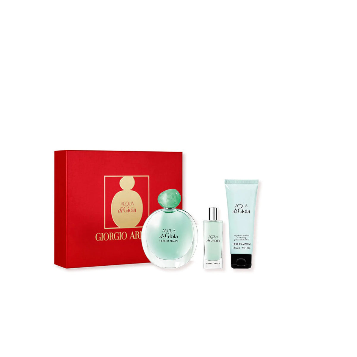 Armani Acqua di Gioia gift set – refreshing mint-jasmine scent trio.