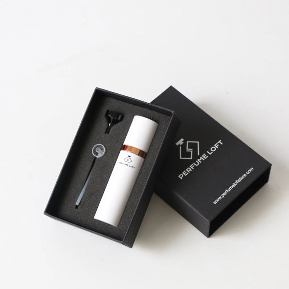 A white refillable perfume atomiser or travel-size fragrance bottle from Perfume Loft