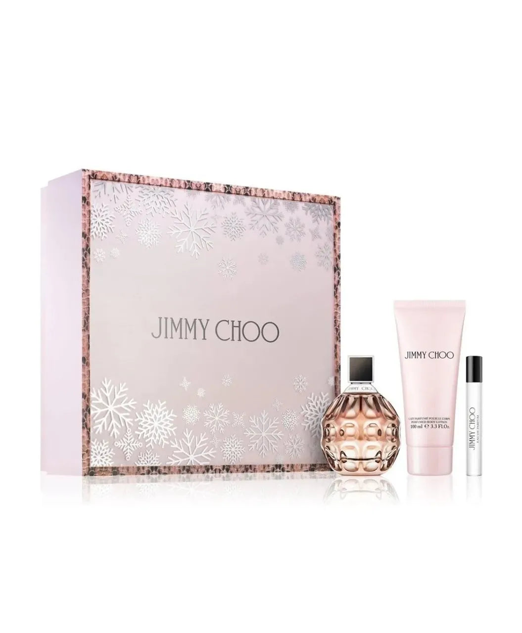 Jimmy Choo Eau de Parfum 3-piece gift set with perfume, lotion, and deluxe packaging.