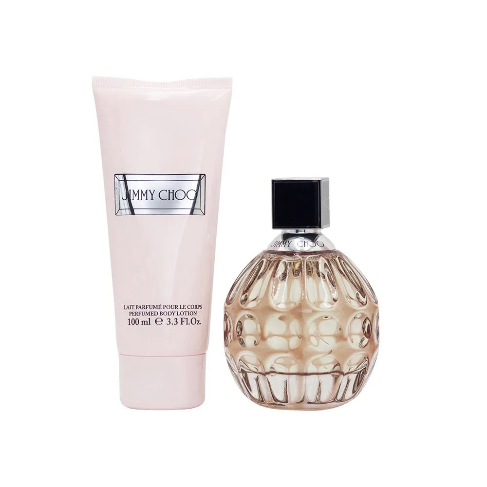 Jimmy Choo 3-piece Eau de Parfum gift set, featuring a chic perfume bottle in a luxurious box.