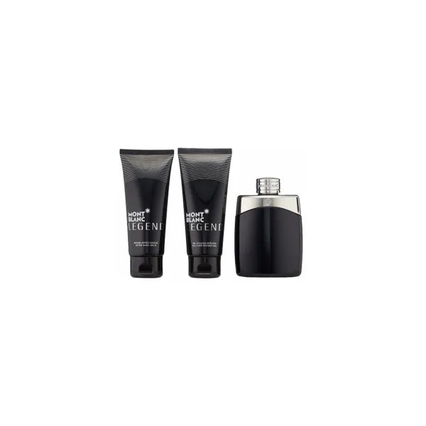 Montblanc Legend EDT Spray Gift Set, elegantly packaged with three luxury fragrance bottles for men.