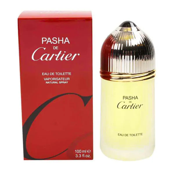 Cartier Pasha Eau de Toilette in a refined cylindrical bottle, symbolizing classic masculine elegance.