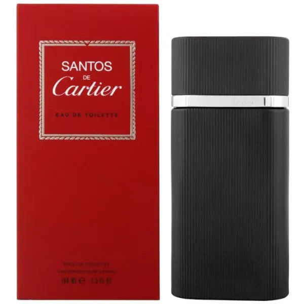 Santos de Cartier Eau de Toilette in sleek silver and red accented bottle.