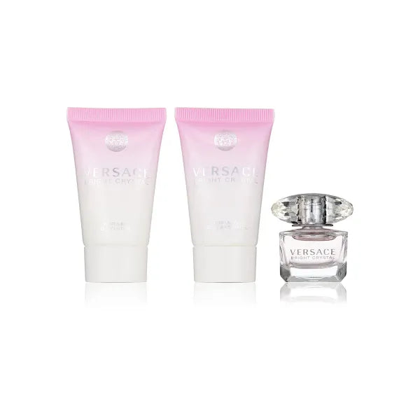 Versace Bright Crystal gift set with fresh floral and fruity accords in elegant packaging.