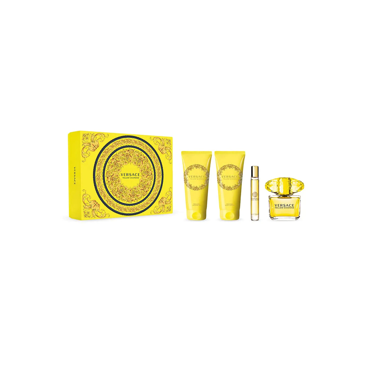 Versace Yellow Diamond gift set featuring sparkling floral and citrus notes for a radiant scent.