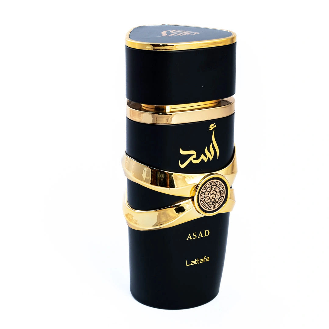 Lattafa Asad Eau de Parfum bottle with black and gold design, featuring a bold, masculine aesthetic.