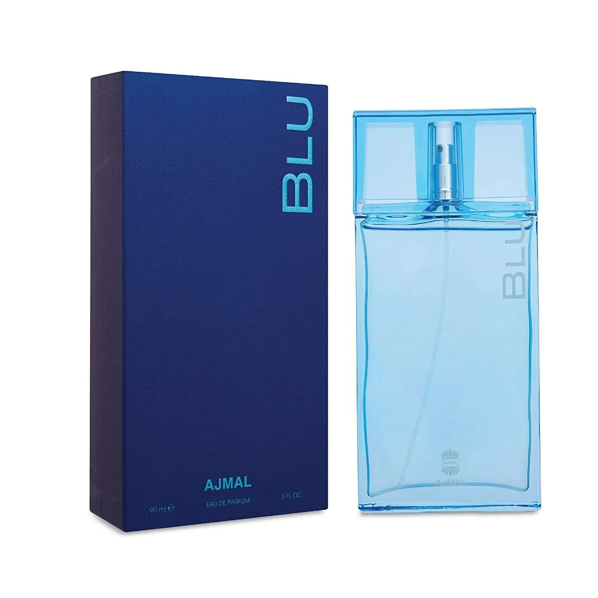 Ajmal Blu perfume bottle - fresh aquatic aroma with woody base.