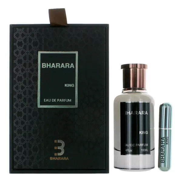 Elegant perfume packaging for Bharara King fragrance, showcasing regal gold and black tones.