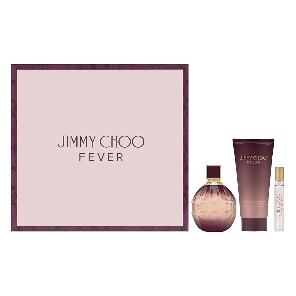 Jimmy Choo Fever gift set with perfume bottle, body lotion, and travel spray.