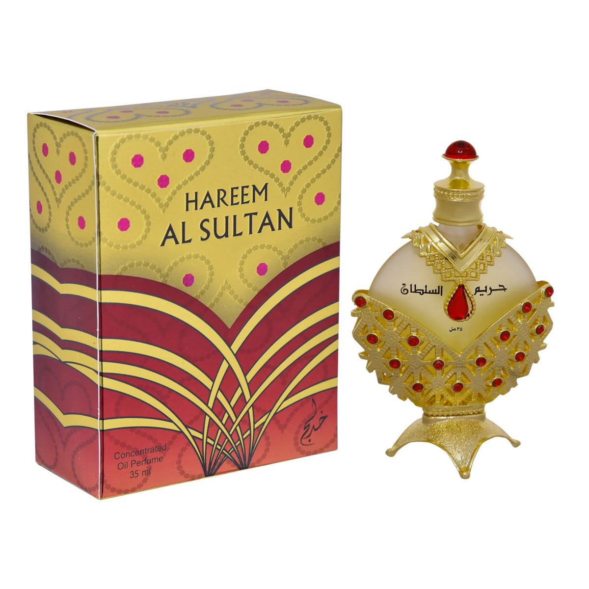 Khadlaj Hareem Al Sultan Gold concentrated oil perfume bottle with elegant golden design.