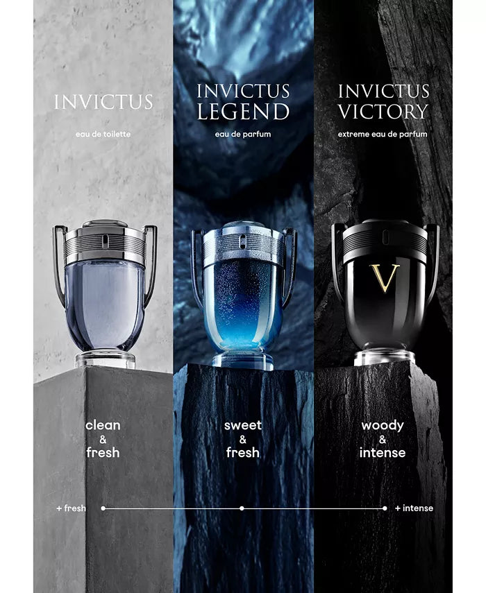 Three Paco Rabanne Invictus fragrances: Invictus, Invictus Legend, and Invictus Victory bottles displayed.
