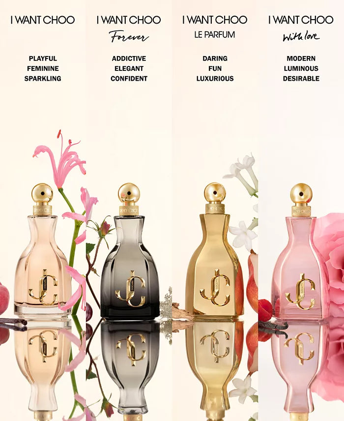 Four I Want Choo perfume bottles with floral elements on a white background