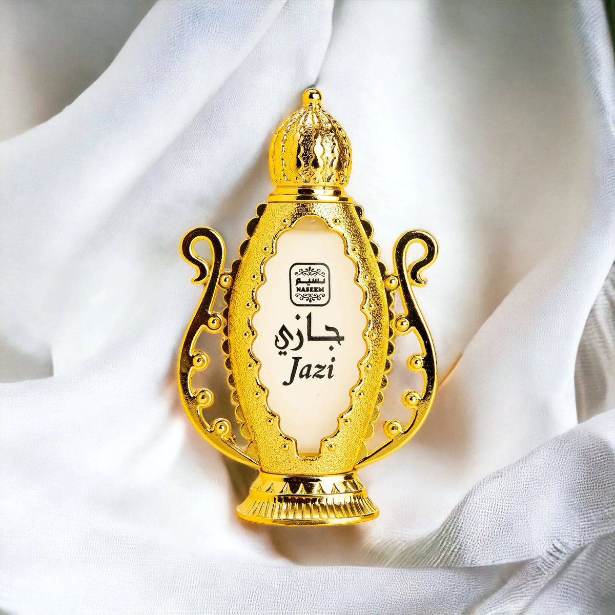 Jazi fragrance bottle — exotic scent with warm floral and spicy blends.