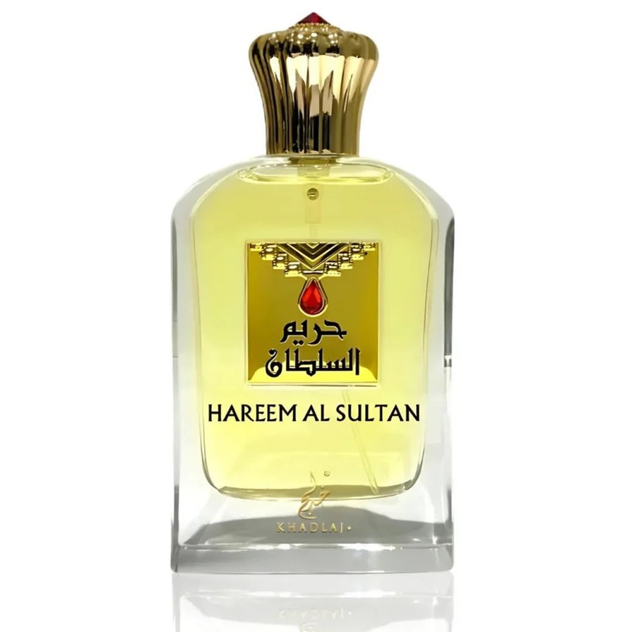 Khadlaj Hareem Al Sultan Gold Eau de Parfum in ornate gold bottle with jewel-like accents.