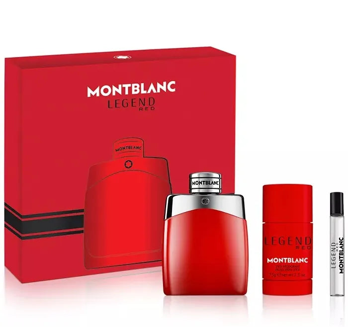 Montblanc Legend Red gift set with fragrance and grooming items.