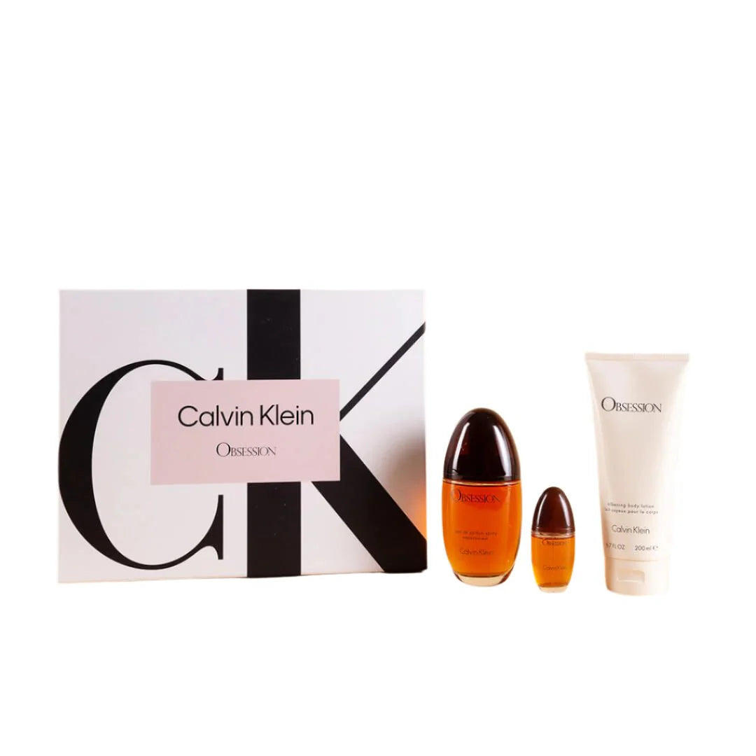 Calvin Klein Obsession for Women 3pcs gift set with bergamot, jasmine, sandalwood, amber, and musk notes.