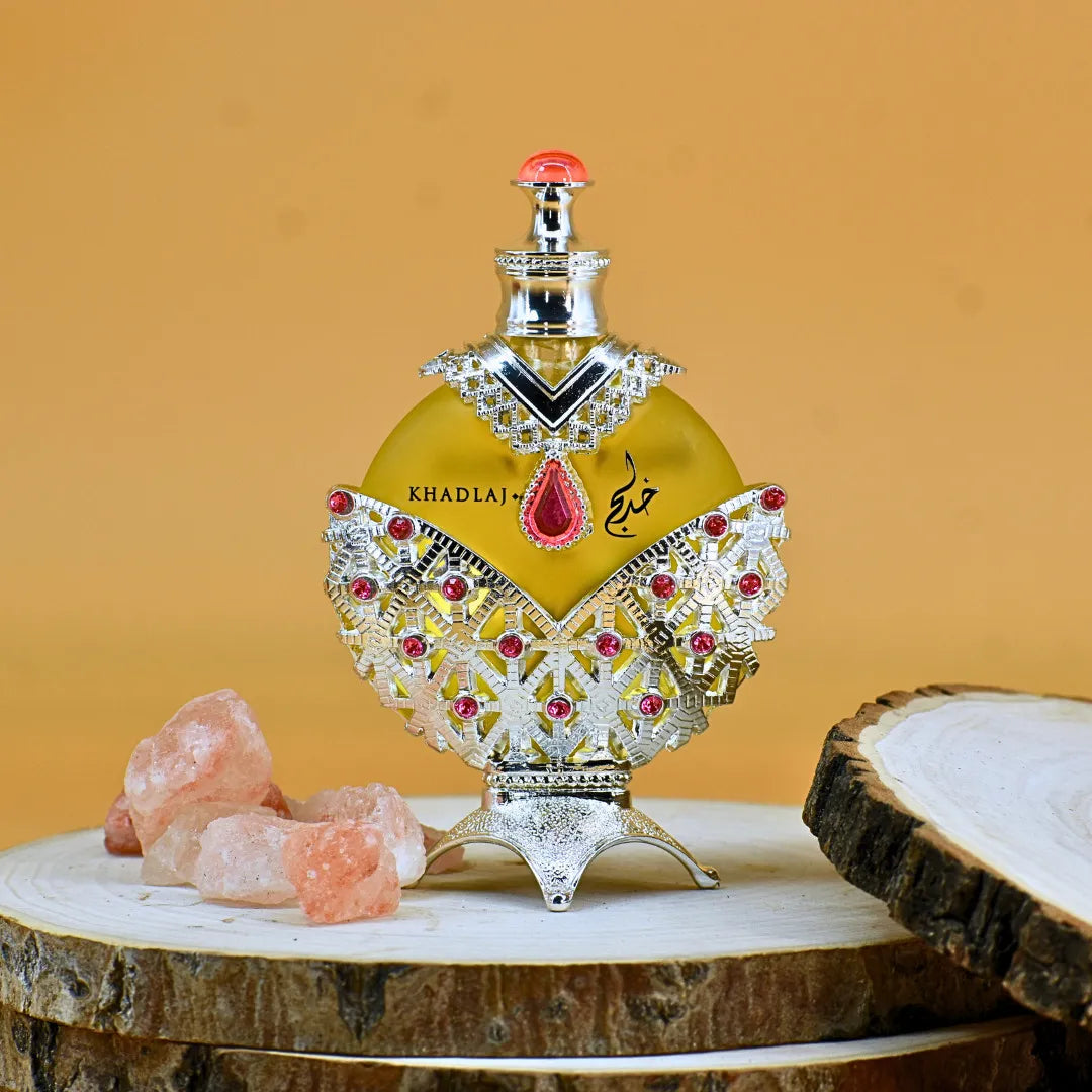 Khadlaj Hareem Al Sultan Silver concentrated perfume oil with sleek silver bottle design.