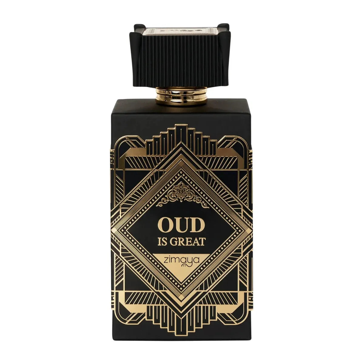 Oud fragrance in a gold-accented bottle symbolizing rich and woody scent profile.