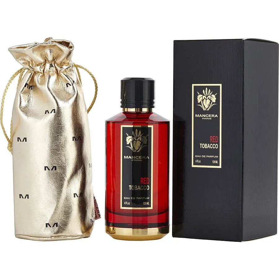 Red Tobacco perfume bottle, showcasing bold packaging with rich amber and gold accents.