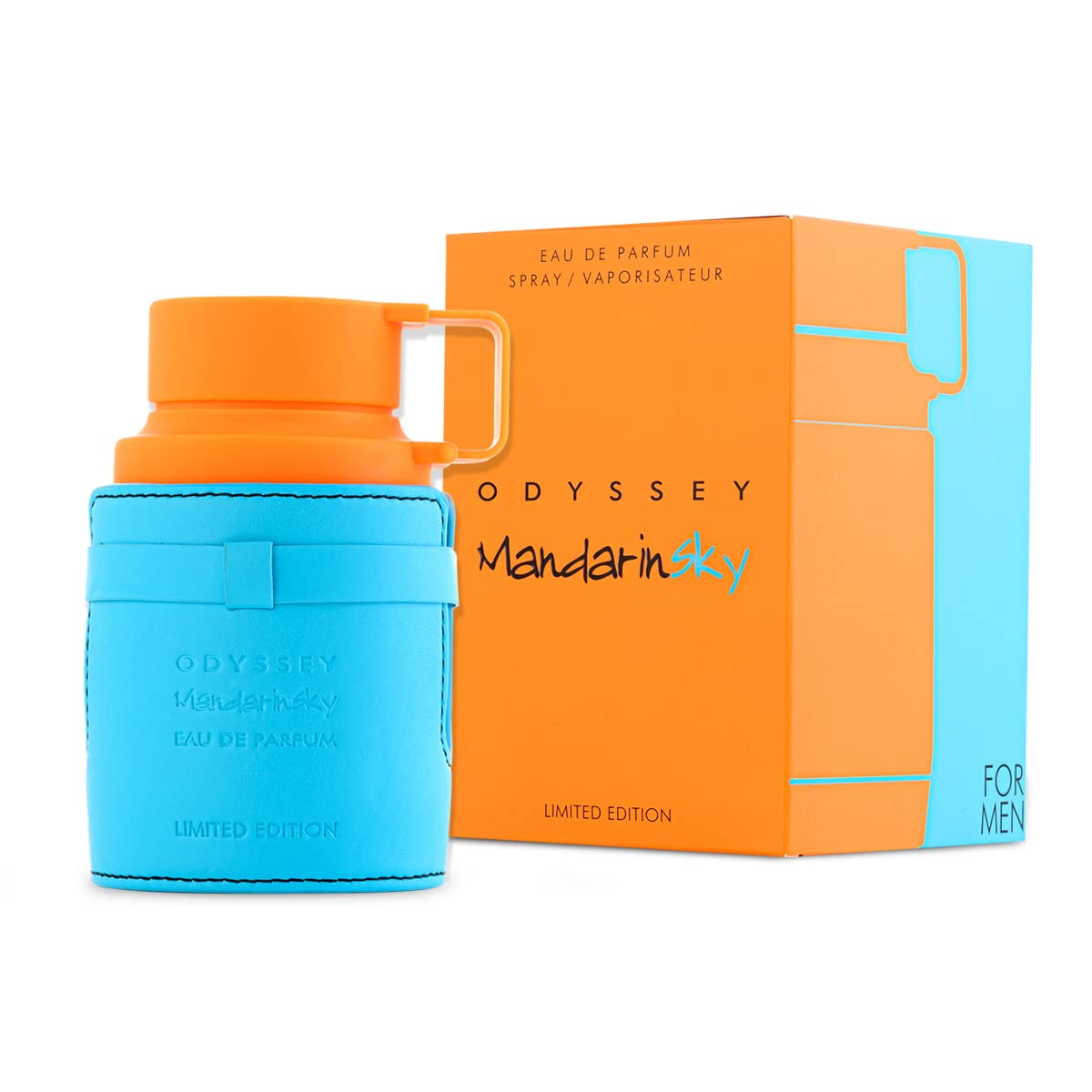 Armaf Odyssey Mandarin Sky EDP for men with orange-blue bottle and box, Limited Edition fragrance.