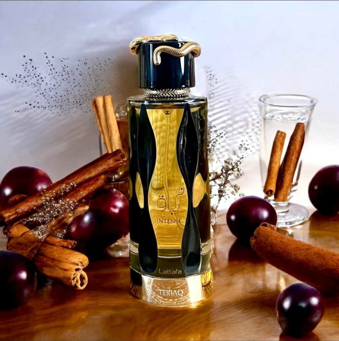 Lattafa Teriaq Intense Eau de Parfum for him, blending saffron, plum liquor, cinnamon, tonka bean, amber, and benzoin notes.