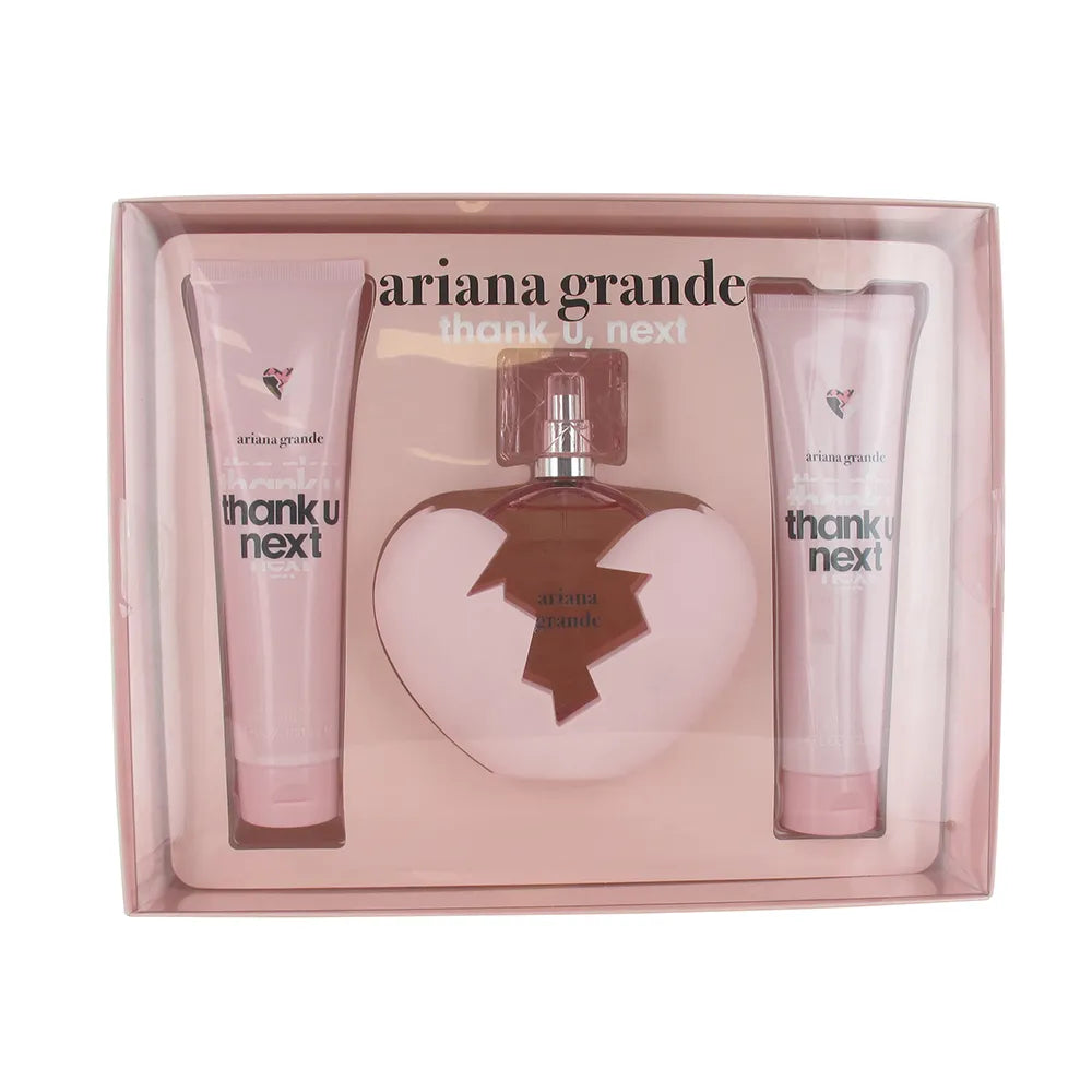 Ariana Grande Thank U Next fragrance gift bag featuring floral artwork and perfume items.