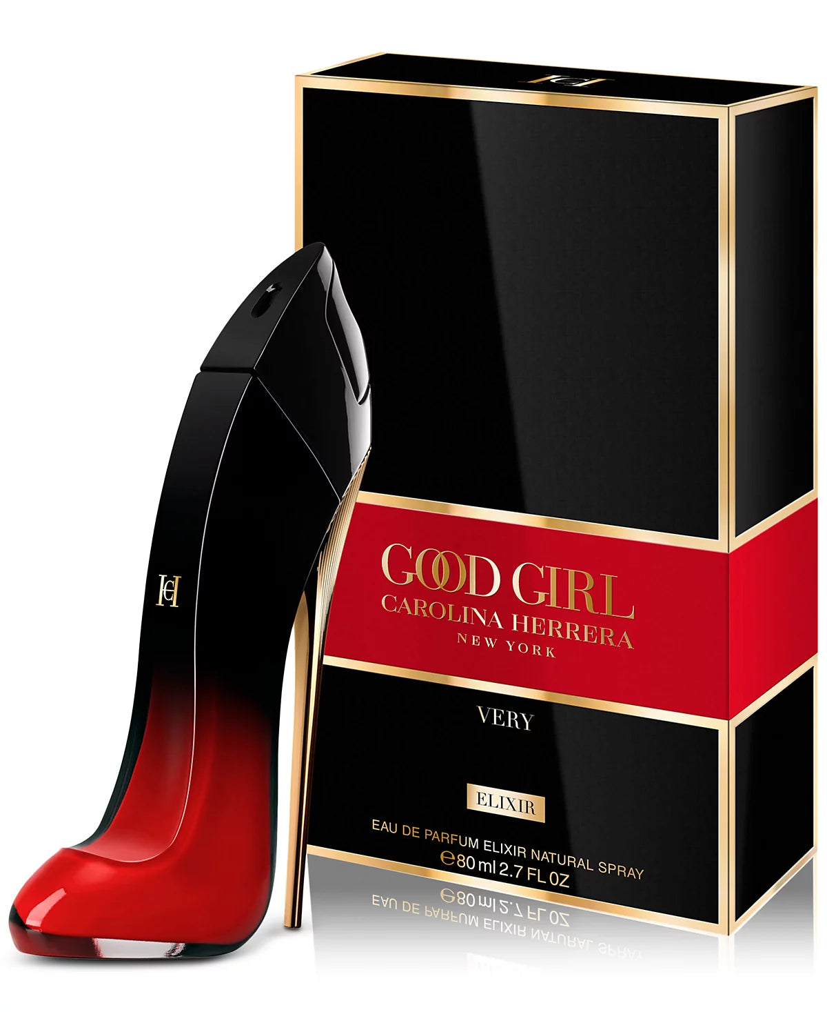 Very Good Girl Elixir EDP—black & red heel bottle with gold accents and matching box.