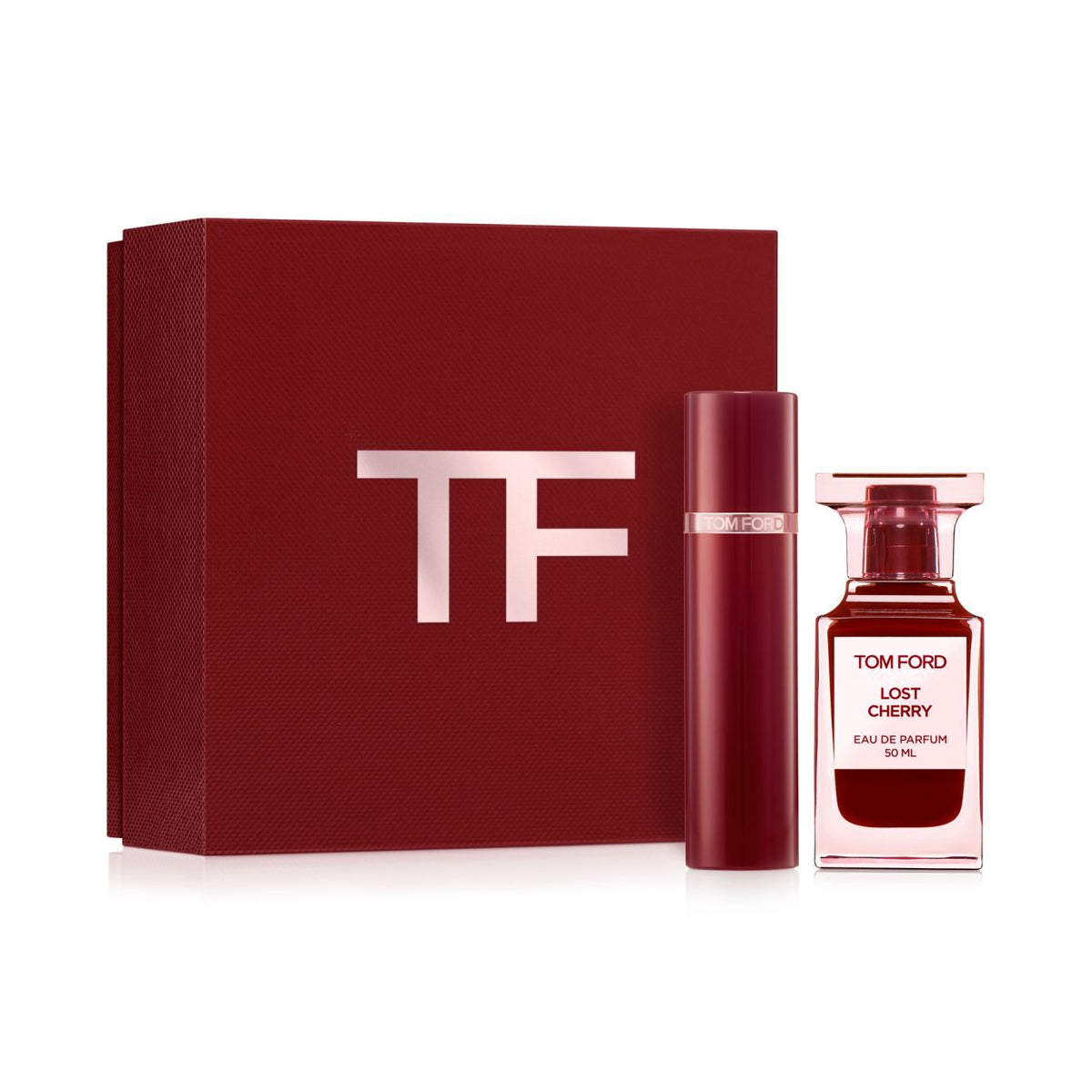 Tom Ford Lost Cherry Eau de Parfum set with 50ml bottle and travel spray, a luxurious cherry-floral fragrance for women
