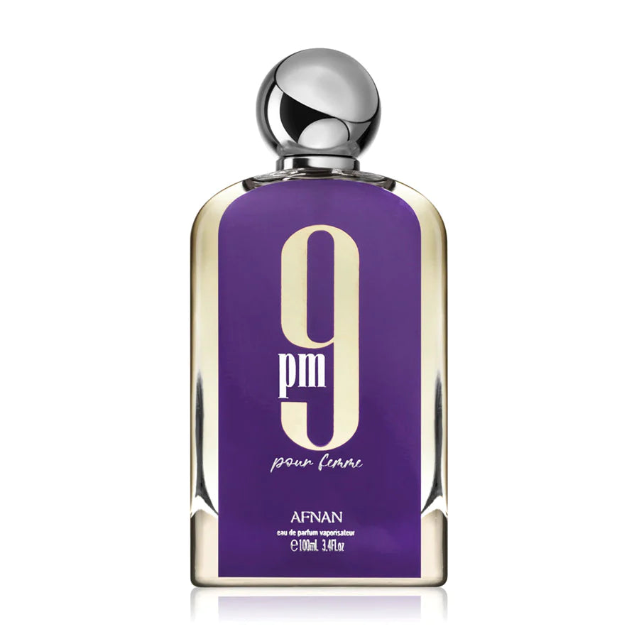 Afnan 9PM Women Eau de Parfum in a gold-accented bottle with floral notes.
