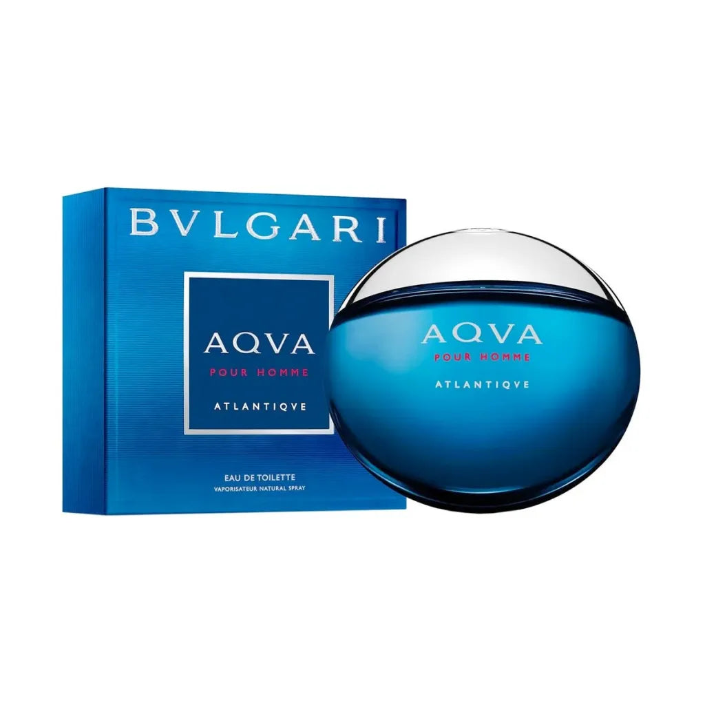 Bvlgari Aqva Pour Homme Atlantiqve Eau de Toilette with deep blue oceanic bottle design.
