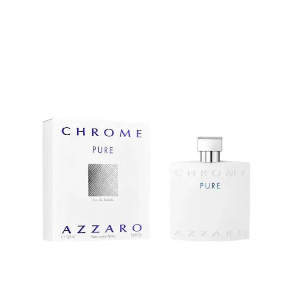 Azzaro Chrome Pure Eau de Toilette in a crisp white bottle with chrome detailing.
