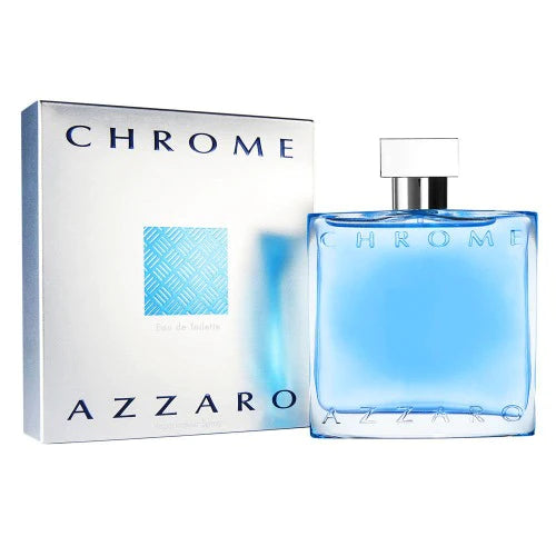 Azzaro Chrome Eau de Toilette, sleek silver bottle symbolizing freshness and masculinity.
