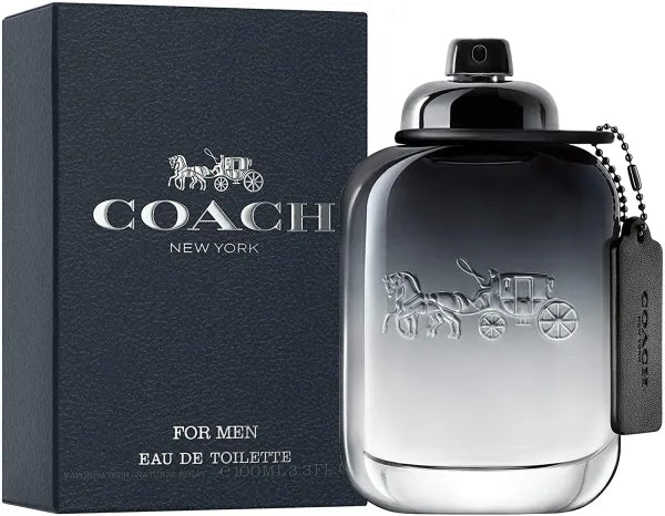Coach New York Eau de Toilette in a sleek glass bottle with signature leather tag.
