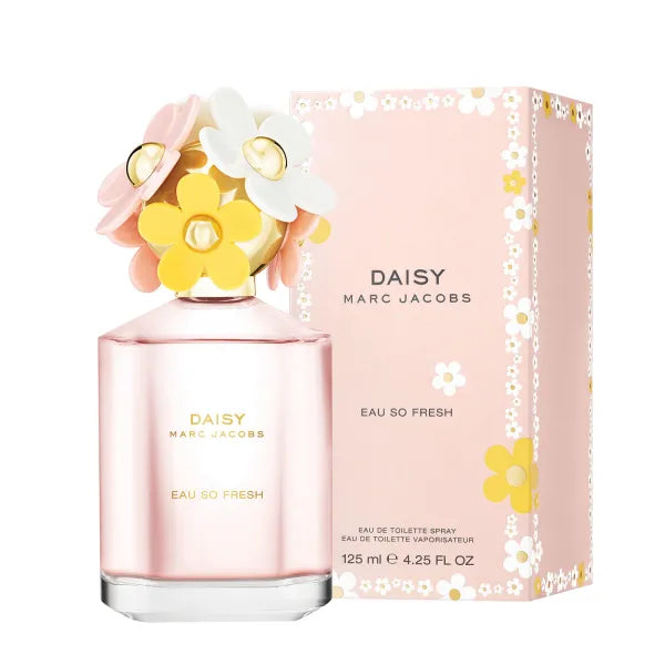 Marc Jacobs Daisy Eau So Fresh perfume bottle with pink floral cap, fresh fruity-floral scent.
