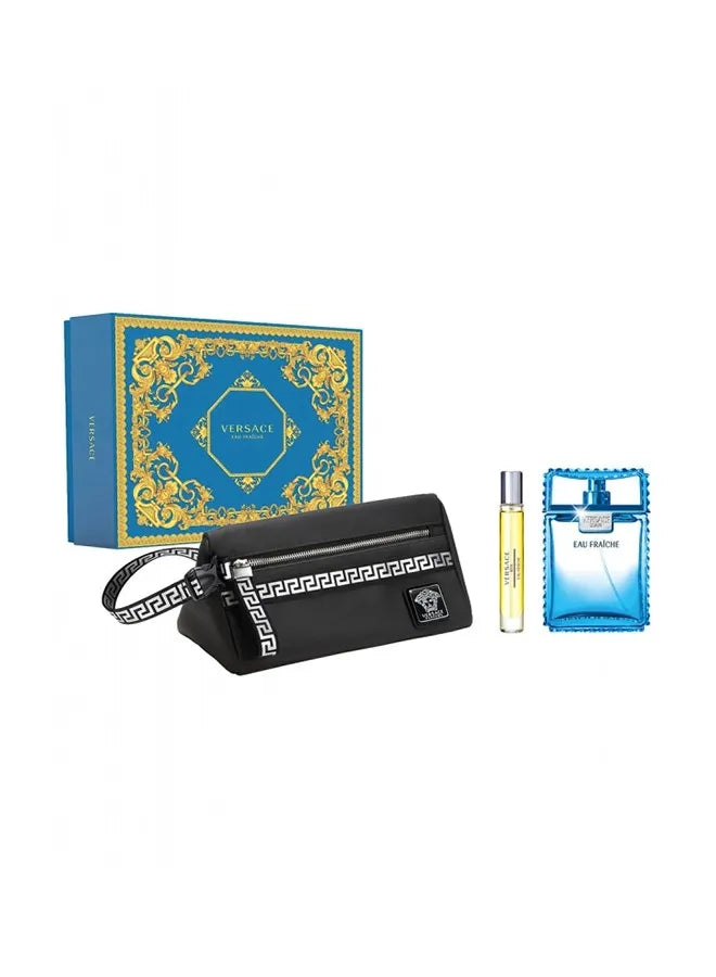 Versace Man Eau Fraîche gift set, with aquatic and citrusy notes in a bold blue presentation.
