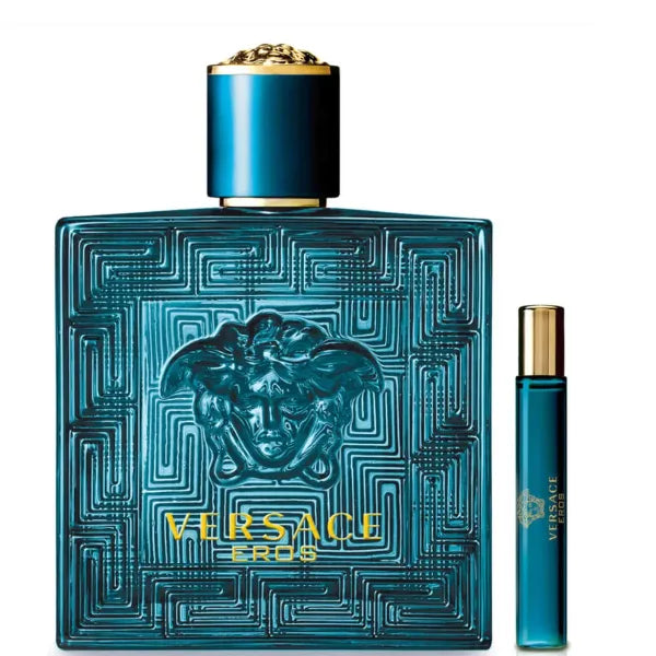 Versace Eros gift set with fresh mint, apple, and warm tonka bean notes in stylish packaging.
