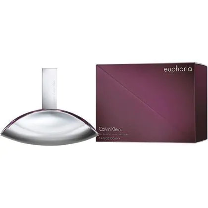 Calvin Klein Euphoria Eau de Parfum for women in a futuristic, curved glass bottle.
