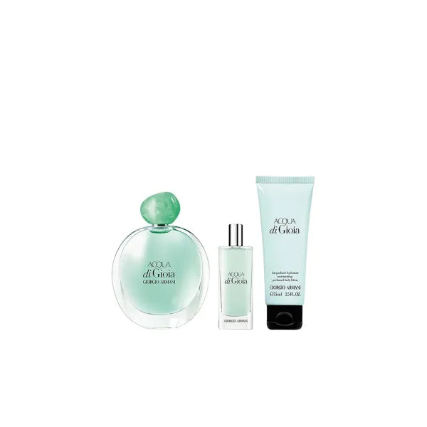 Giorgio Armani Acqua di Gioia gift set – fresh aquatic fragrance with mint and jasmine.
