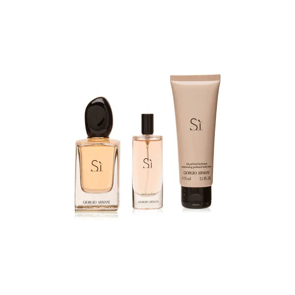 Giorgio Armani Sì 3-piece perfume gift set with Eau de Parfum, body lotion, and travel spray.

