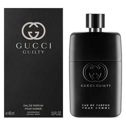Gucci Guilty EDP — intense floral-amber fragrance in bold golden bottle.
