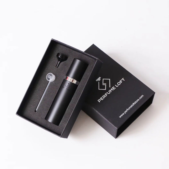 Perfume Loft refillable travel atomizer set with spray bottle, funnel, tube, and fill level window.
