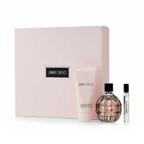 Jimmy Choo gift set with three elegant scents featuring floral and fruity accords.

