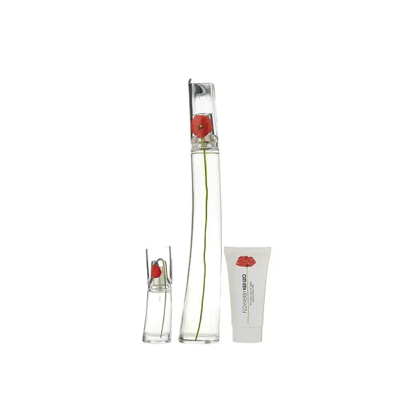 Kenzo Flower 3‑pc Gift Set – Soft floral fragrance set featuring iconic poppy scent.
