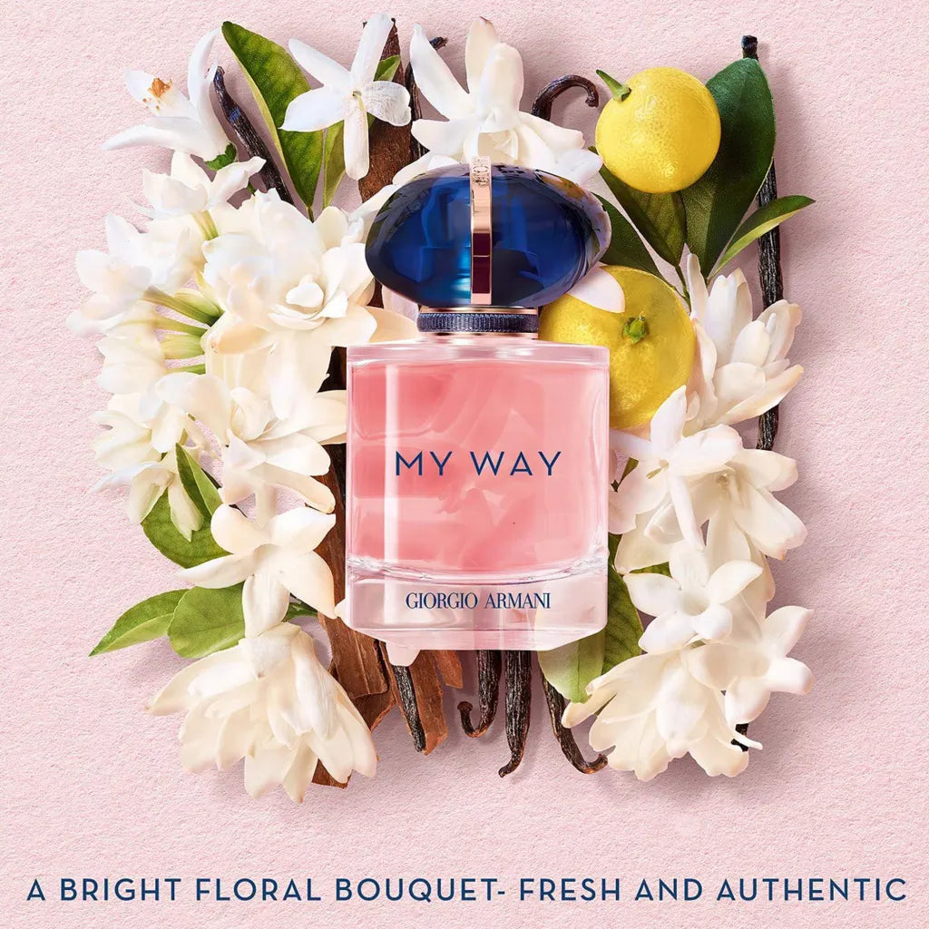Giorgio Armani My Way EDP — radiant floral fragrance with orange blossom and tuberose.
